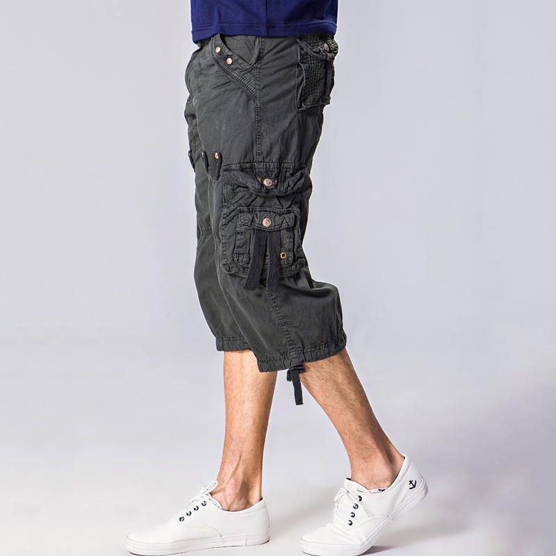 Pantalones Cargo Casuales Hasta La Rodilla De Color Sólido Con Múltiples Bolsillos 100% Algodón Para Hombre Al Aire Libre