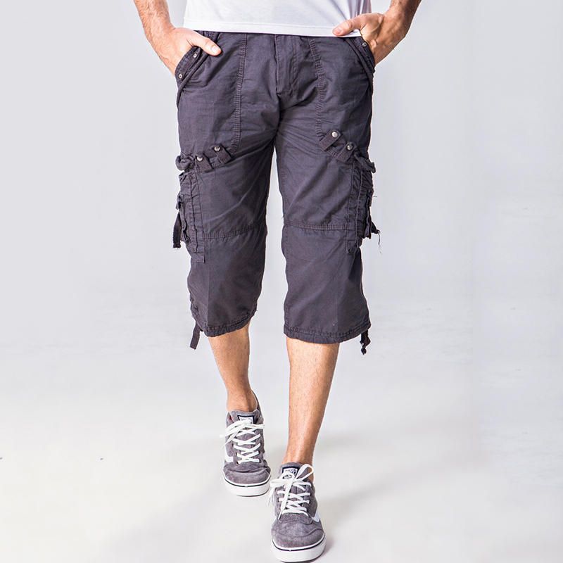 Pantalones Cargo Casuales Hasta La Rodilla De Color Sólido Con Múltiples Bolsillos 100% Algodón Para Hombre Al Aire Libre