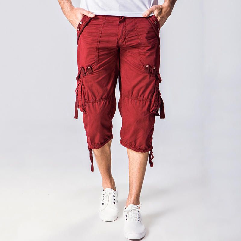 Pantalones Cargo Casuales Hasta La Rodilla De Color Sólido Con Múltiples Bolsillos 100% Algodón Para Hombre Al Aire Libre