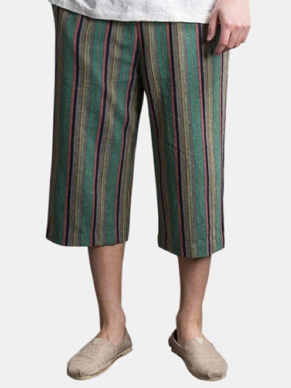 Pantalones Casuales Con Cordón Suelto De Algodón Estampado A Rayas De Verano Para Hombre