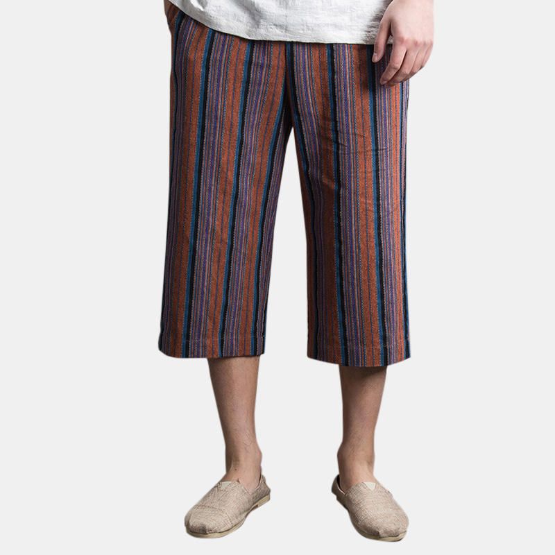 Pantalones Casuales Con Cordón Suelto De Algodón Estampado A Rayas De Verano Para Hombre