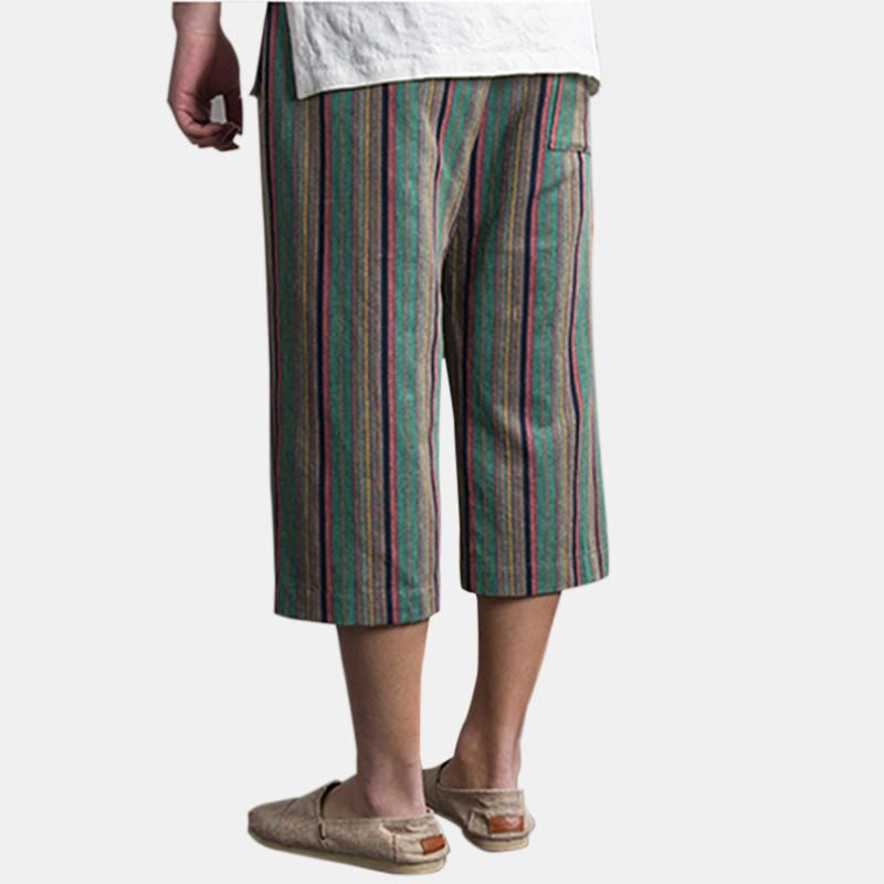 Pantalones Casuales Con Cordón Suelto De Algodón Estampado A Rayas De Verano Para Hombre