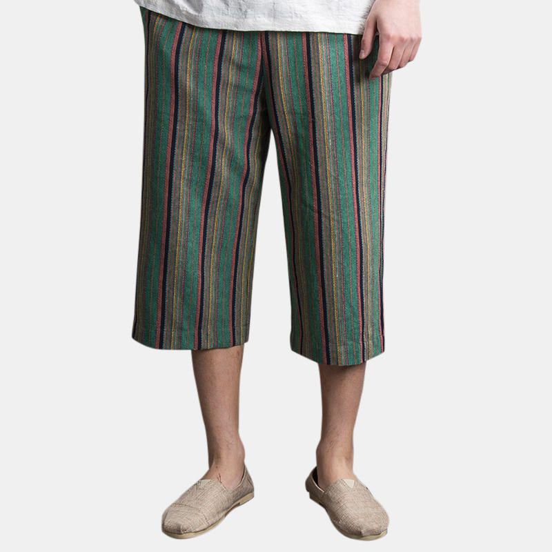 Pantalones Casuales Con Cordón Suelto De Algodón Estampado A Rayas De Verano Para Hombre