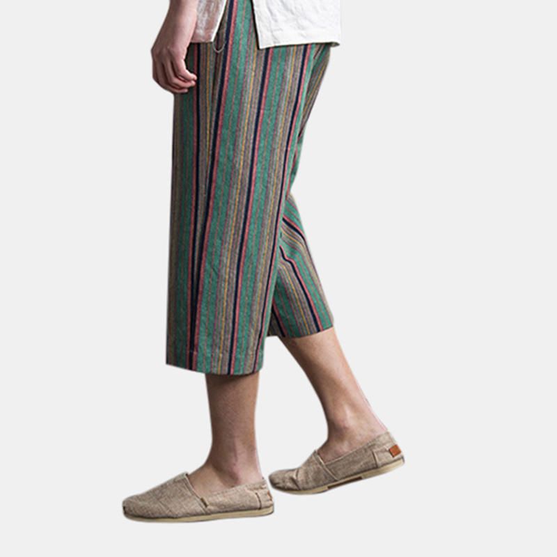 Pantalones Casuales Con Cordón Suelto De Algodón Estampado A Rayas De Verano Para Hombre