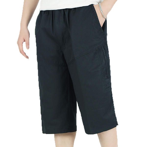 Pantalones Cortos De Algodón Casuales De Corte Holgado De Color Sólido Con Múltiples Bolsillos Y Tallas Grandes De Verano Para Hombre