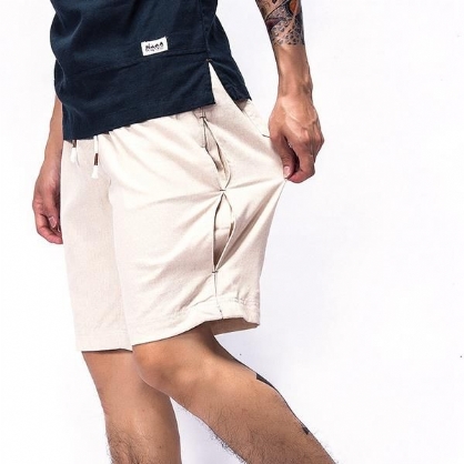 Pantalones Cortos De Algodón De Lino Transpirable De Verano Para Hombre Pantalones Cortos Hasta La Rodilla De Color Puro De Ocio De Viento De China