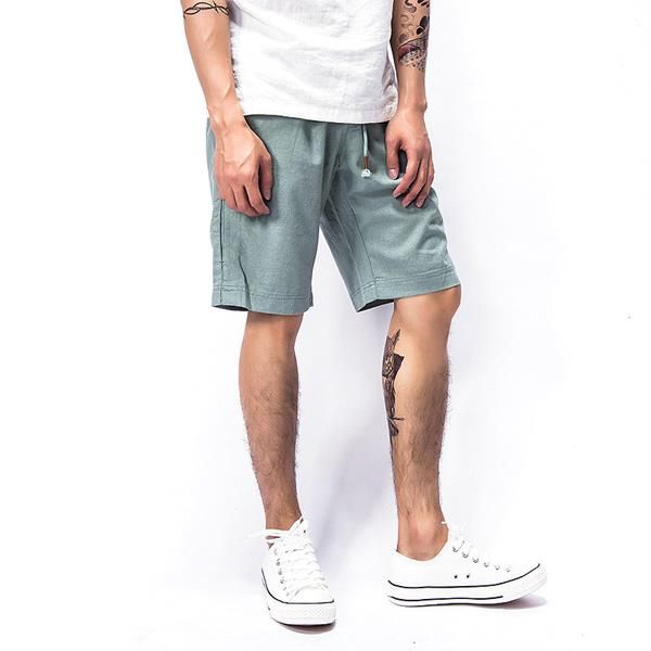 Pantalones Cortos De Algodón De Lino Transpirable De Verano Para Hombre Pantalones Cortos Hasta La Rodilla De Color Puro De Ocio De Viento De China