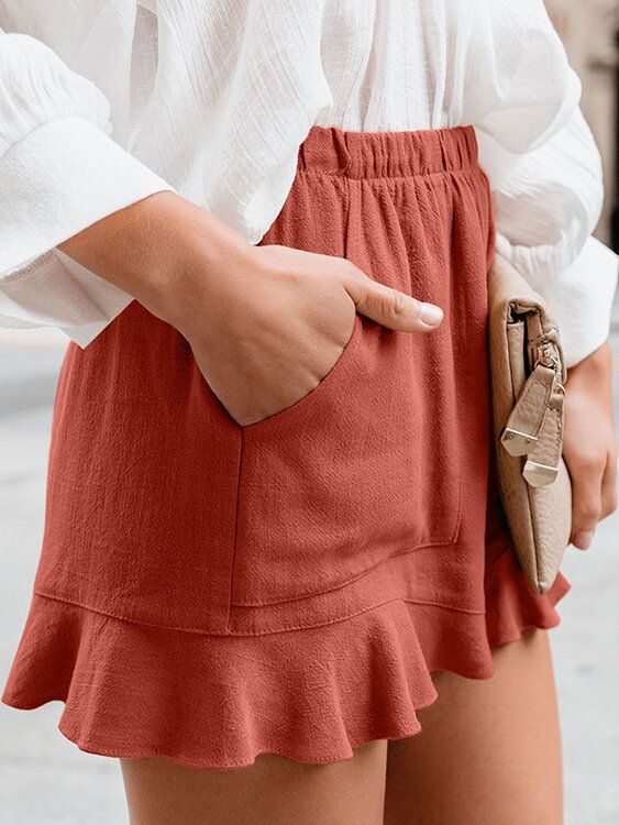 Pantalones Cortos De Bolsillo De Cintura Alta Elásticos De Color Sólido Para Mujer