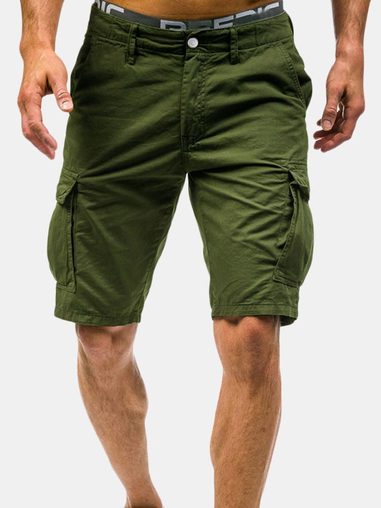 Pantalones Cortos De Carga Hasta La Rodilla Con Múltiples Bolsillos Al Aire Libre Para Hombre Pantalones Cortos Casuales De Color Sólido