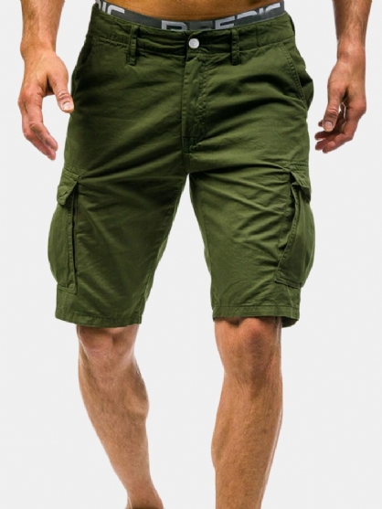 Pantalones Cortos De Carga Hasta La Rodilla Con Múltiples Bolsillos Al Aire Libre Para Hombre Pantalones Cortos Casuales De Color Sólido