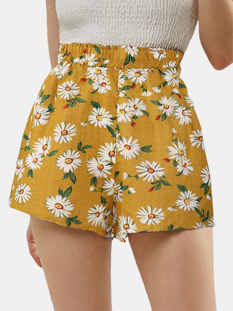 Pantalones Cortos Casuales De Cintura Alta Con Estampado De Margaritas Para Mujer