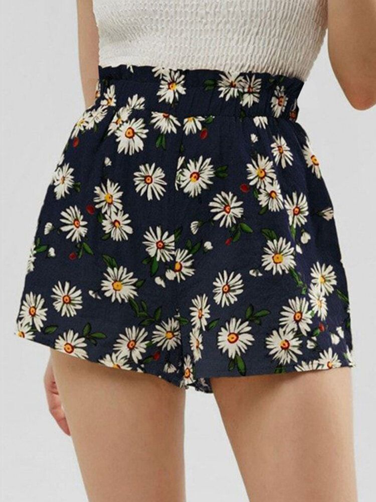 Pantalones Cortos Casuales De Cintura Alta Con Estampado De Margaritas Para Mujer