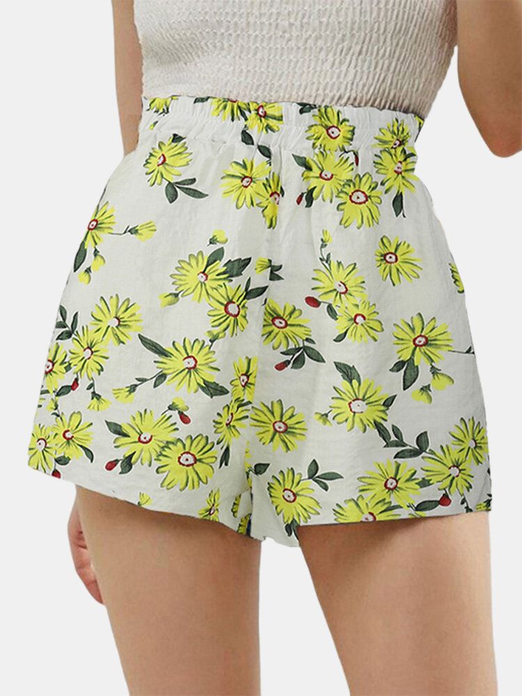 Pantalones Cortos Casuales De Cintura Alta Con Estampado De Margaritas Para Mujer