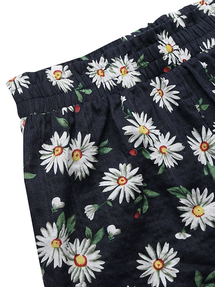 Pantalones Cortos Casuales De Cintura Alta Con Estampado De Margaritas Para Mujer