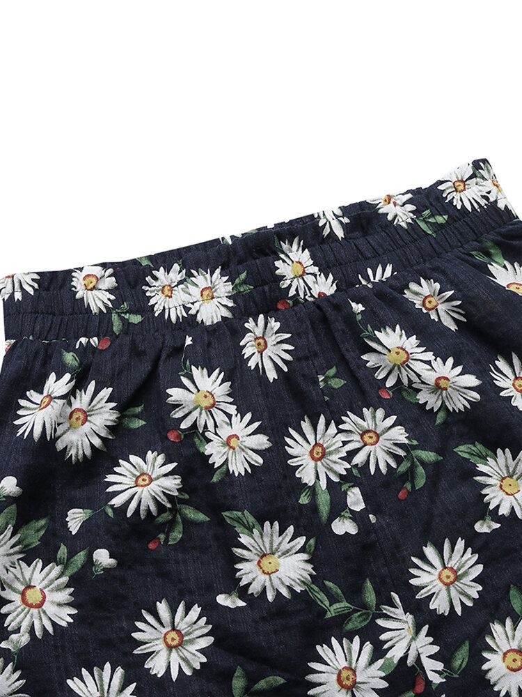 Pantalones Cortos Casuales De Cintura Alta Con Estampado De Margaritas Para Mujer