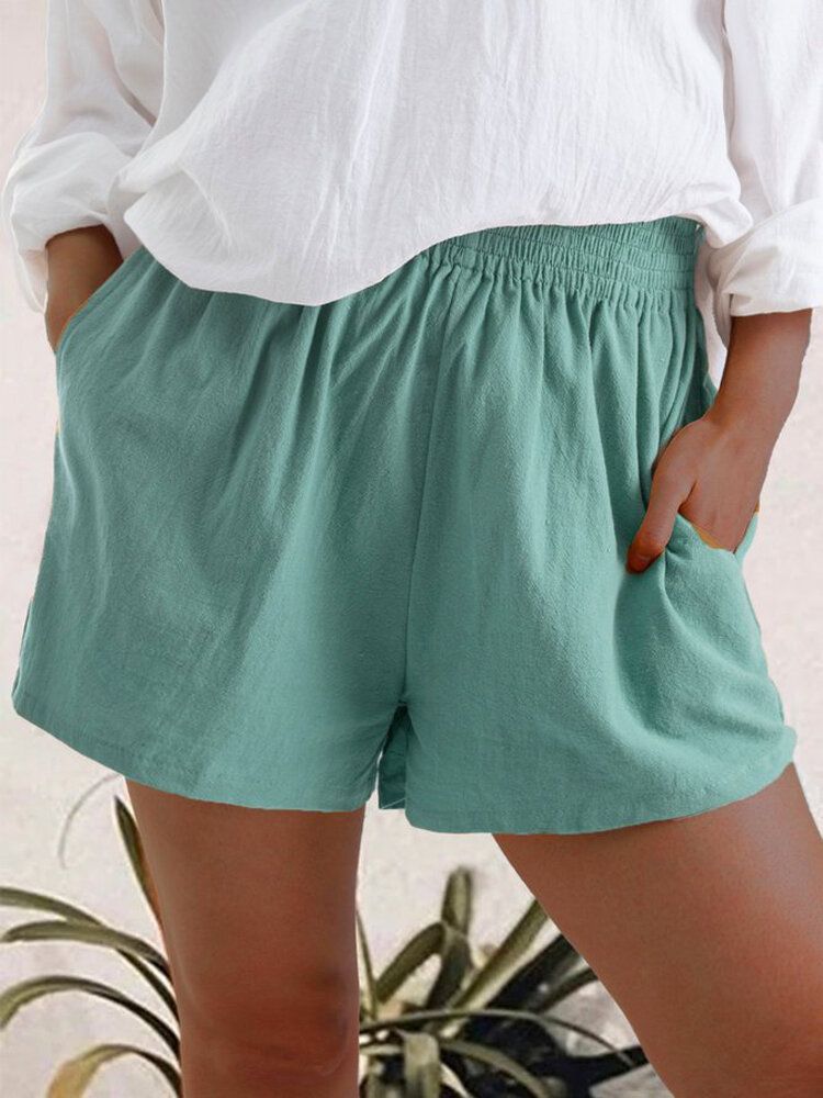 Pantalones Cortos Casuales Con Bolsillo De Cintura Elástica De Color Sólido Para Mujer