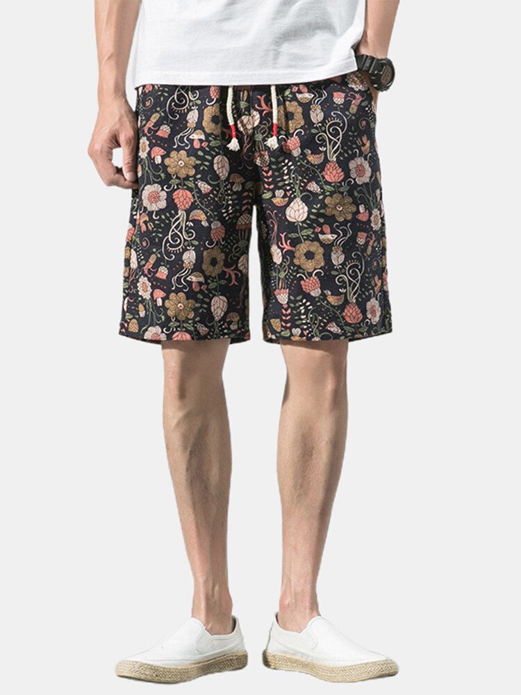 Pantalones Cortos Casuales Con Cordón De Bolsillo Con Estampado Floral De Algodón Para Hombre