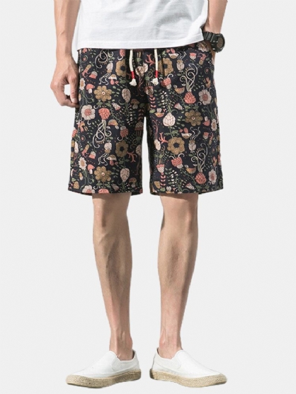 Pantalones Cortos Casuales Con Cordón De Bolsillo Con Estampado Floral De Algodón Para Hombre