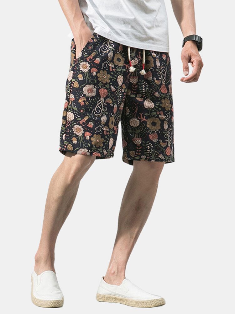 Pantalones Cortos Casuales Con Cordón De Bolsillo Con Estampado Floral De Algodón Para Hombre