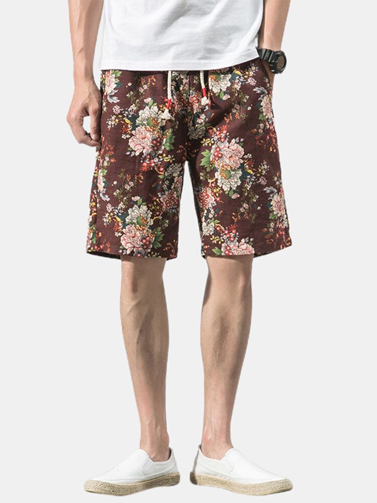 Pantalones Cortos Casuales Con Cordón De Bolsillo Con Estampado Floral De Algodón Para Hombre