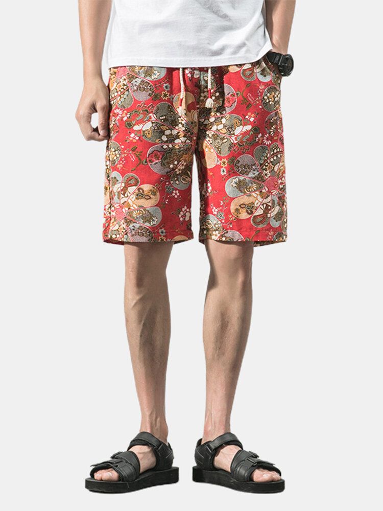 Pantalones Cortos Casuales Con Cordón De Bolsillo Con Estampado Floral De Algodón Para Hombre