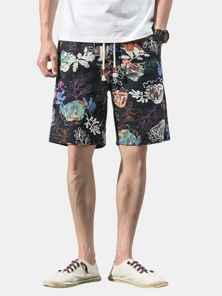 Pantalones Cortos Casuales Con Cordón De Bolsillo Con Estampado Floral De Algodón Para Hombre