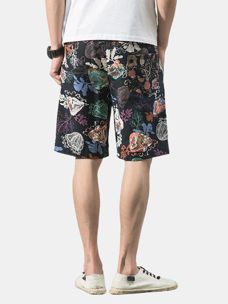 Pantalones Cortos Casuales Con Cordón De Bolsillo Con Estampado Floral De Algodón Para Hombre