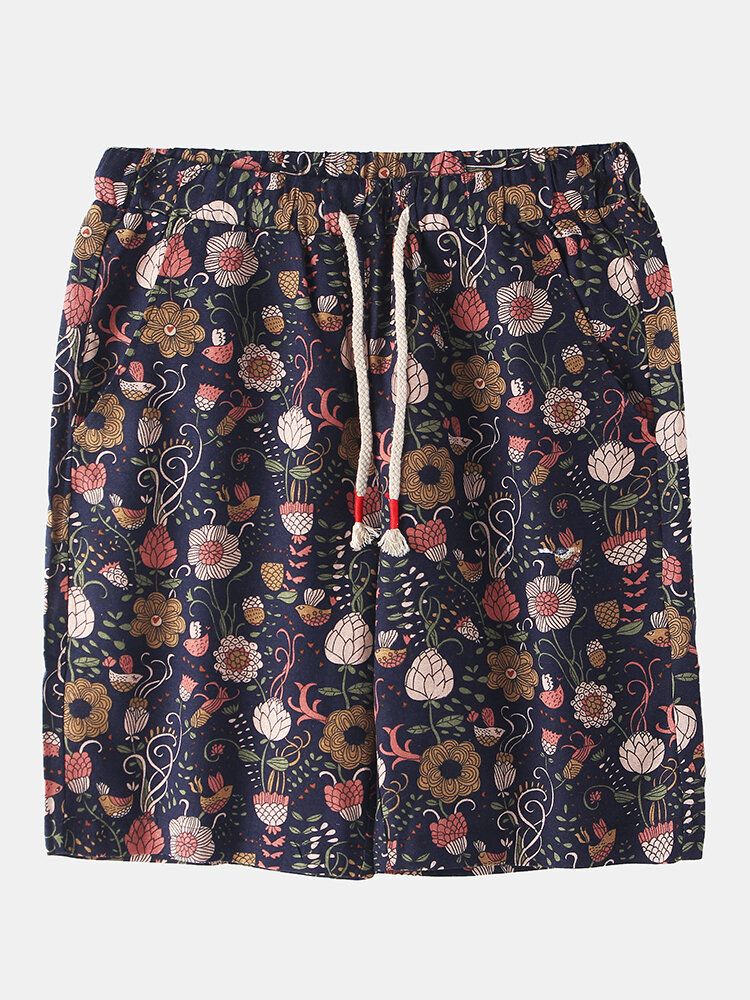 Pantalones Cortos Casuales Con Cordón De Bolsillo Con Estampado Floral De Algodón Para Hombre