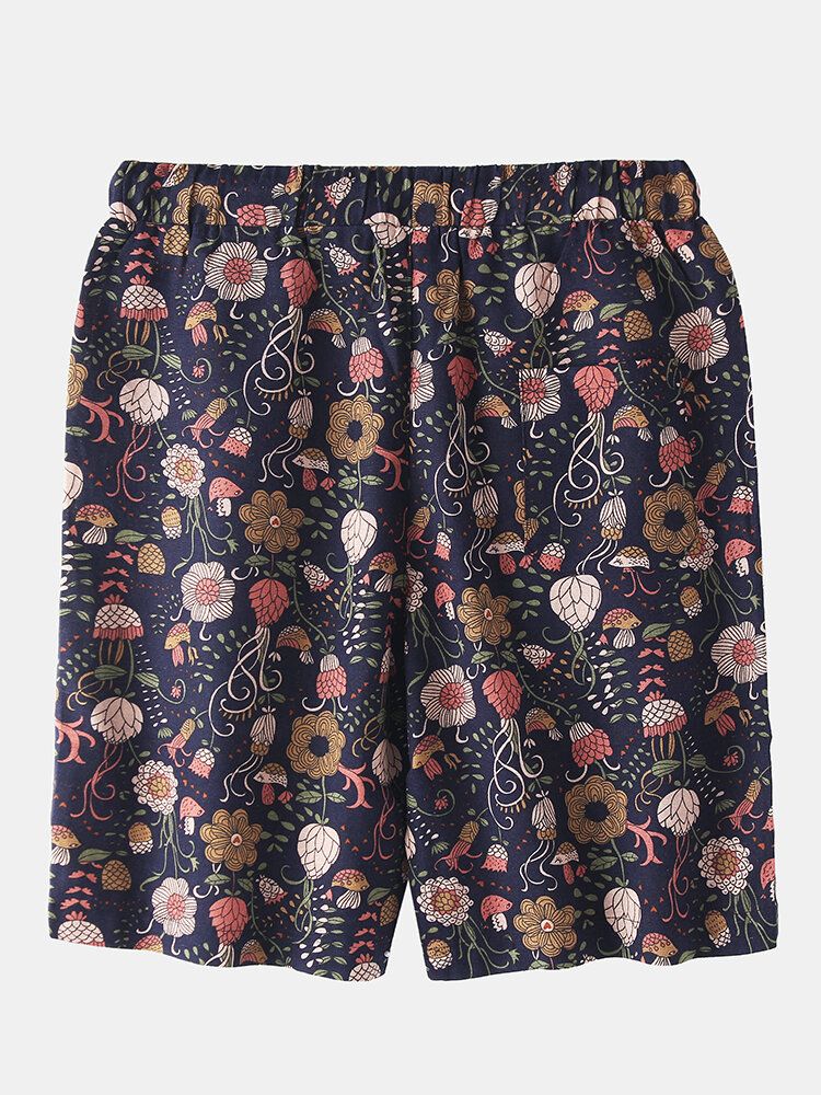 Pantalones Cortos Casuales Con Cordón De Bolsillo Con Estampado Floral De Algodón Para Hombre