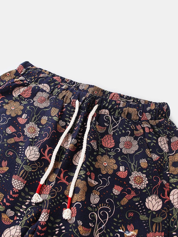 Pantalones Cortos Casuales Con Cordón De Bolsillo Con Estampado Floral De Algodón Para Hombre