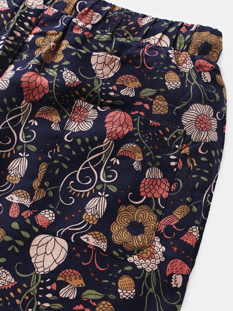 Pantalones Cortos Casuales Con Cordón De Bolsillo Con Estampado Floral De Algodón Para Hombre