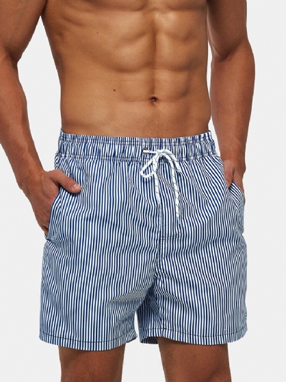 Pantalones Cortos Casuales Con Cordón De Línea De Malla De Playa De Secado Rápido A Rayas Azules Ligeros Para Hombre