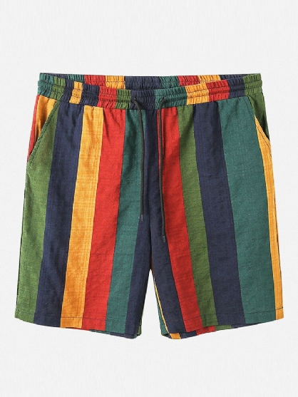 Pantalones Cortos Casuales Con Cordón De Rayas De Colores Transpirables De Algodón Para Hombre