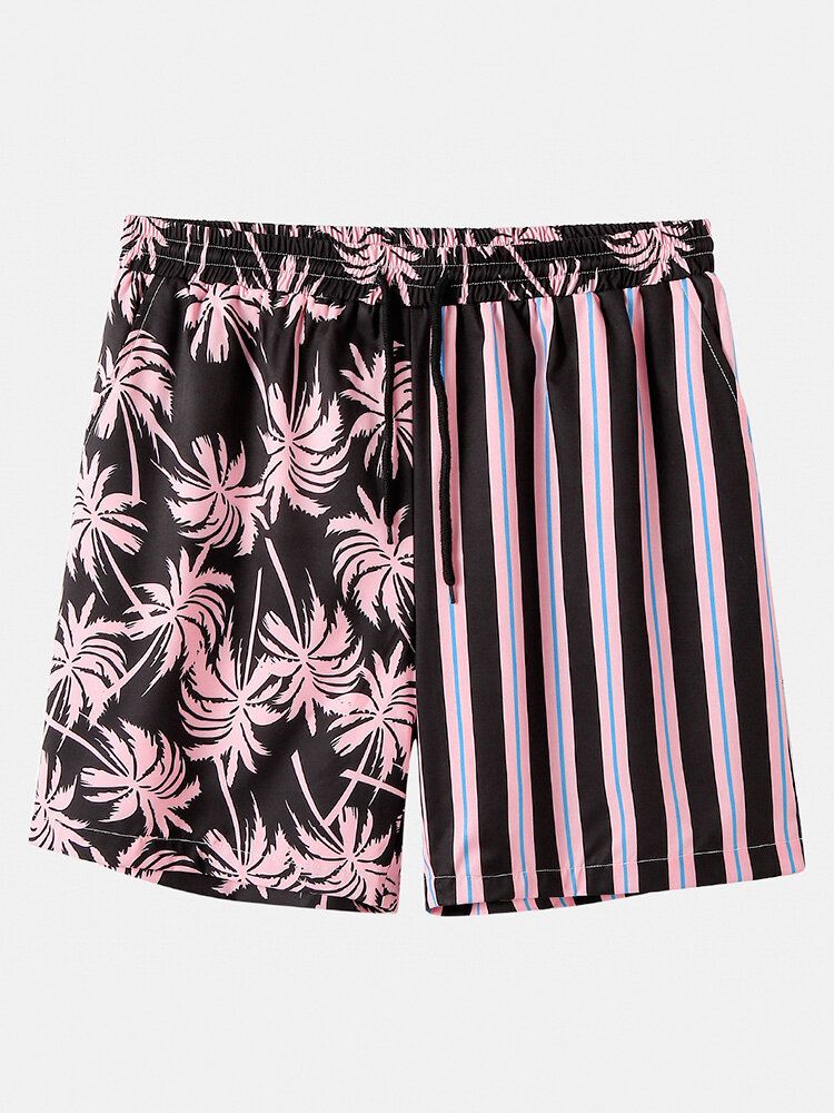 Pantalones Cortos Casuales Con Estampado Mixto De Rayas De Colores De Árbol De Coco Para Hombre