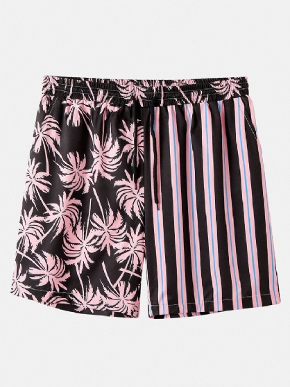 Pantalones Cortos Casuales Con Estampado Mixto De Rayas De Colores De Árbol De Coco Para Hombre