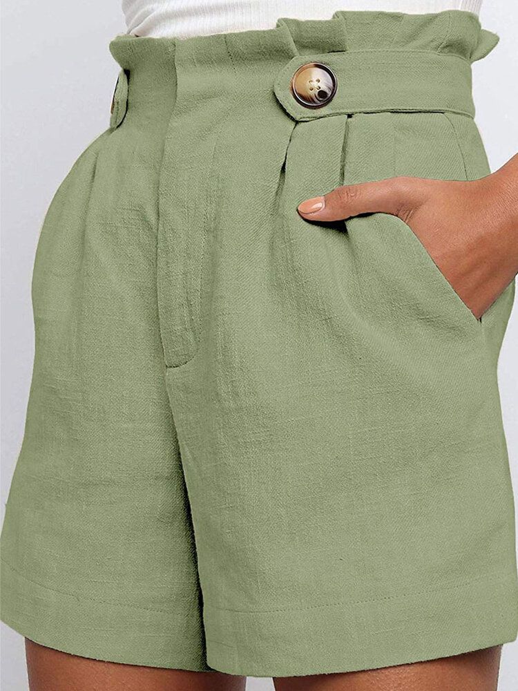 Pantalones Cortos Casuales Diarios Salvajes Con Diseño De Botones Con Volantes De Cintura Alta Para Mujer