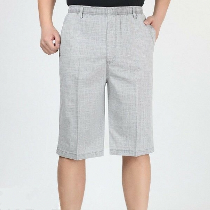 Pantalones Cortos Casuales Hasta La Rodilla De Color Sólido Sueltos De Algodón De Lino De Cintura Elástica Fina De Verano Para Hombre