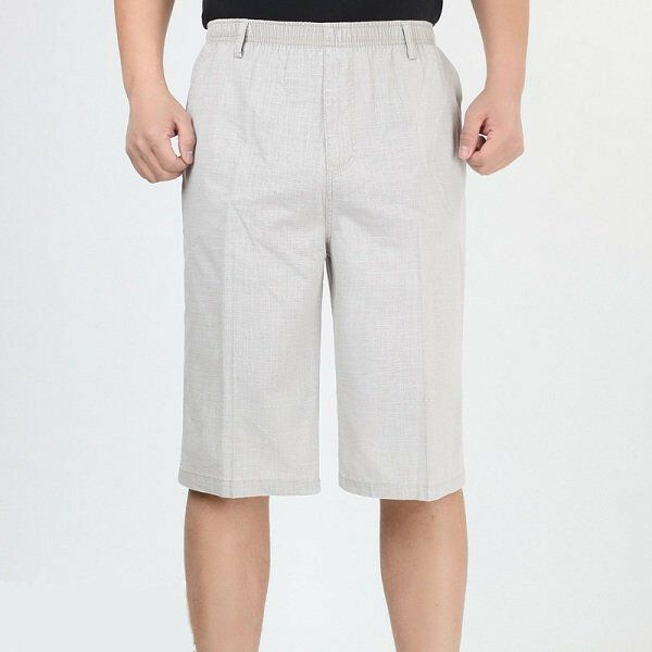 Pantalones Cortos Casuales Hasta La Rodilla De Color Sólido Sueltos De Algodón De Lino De Cintura Elástica Fina De Verano Para Hombre