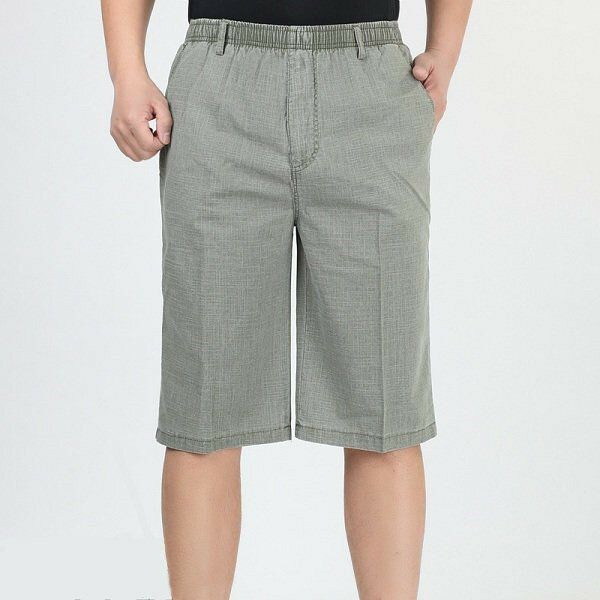 Pantalones Cortos Casuales Hasta La Rodilla De Color Sólido Sueltos De Algodón De Lino De Cintura Elástica Fina De Verano Para Hombre