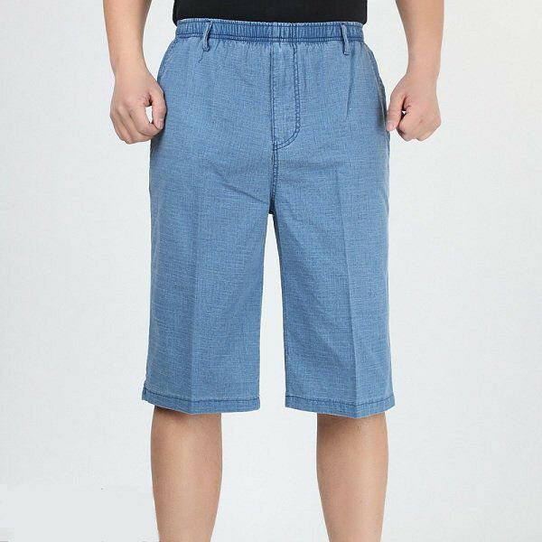 Pantalones Cortos Casuales Hasta La Rodilla De Color Sólido Sueltos De Algodón De Lino De Cintura Elástica Fina De Verano Para Hombre