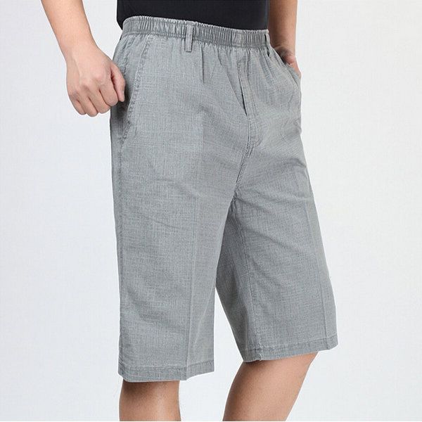 Pantalones Cortos Casuales Hasta La Rodilla De Color Sólido Sueltos De Algodón De Lino De Cintura Elástica Fina De Verano Para Hombre