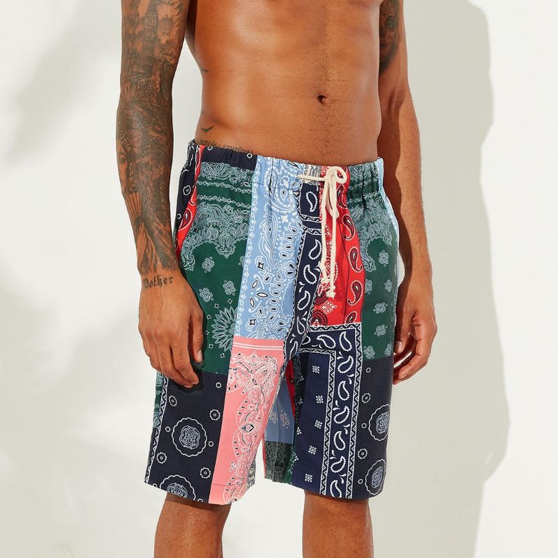 Pantalones Cortos Casuales Hasta La Rodilla De Secado Rápido Con Diseño De Patchwork Fino Con Estampado De Estilo Étnico Para Hombre