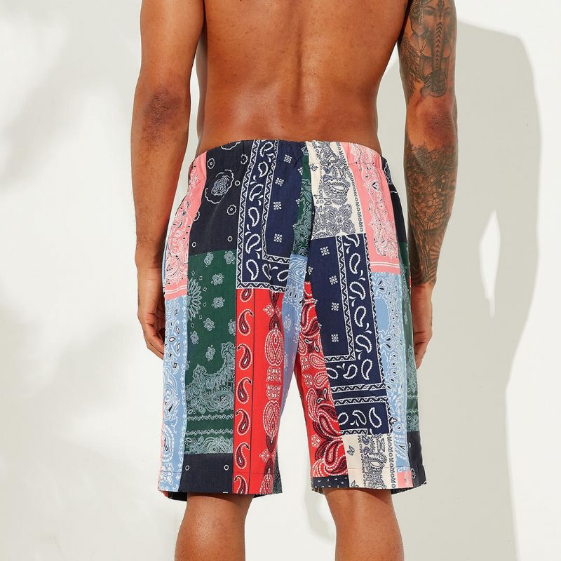 Pantalones Cortos Casuales Hasta La Rodilla De Secado Rápido Con Diseño De Patchwork Fino Con Estampado De Estilo Étnico Para Hombre