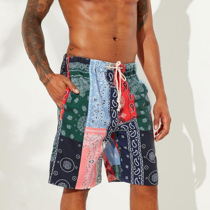 Pantalones Cortos Casuales Hasta La Rodilla De Secado Rápido Con Diseño De Patchwork Fino Con Estampado De Estilo Étnico Para Hombre