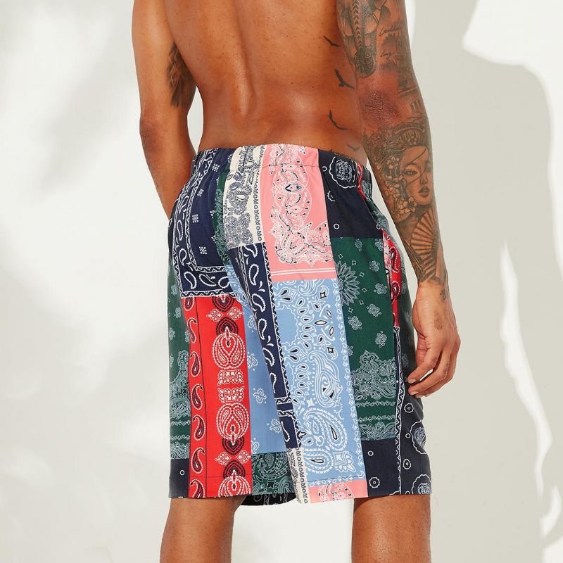 Pantalones Cortos Casuales Hasta La Rodilla De Secado Rápido Con Diseño De Patchwork Fino Con Estampado De Estilo Étnico Para Hombre