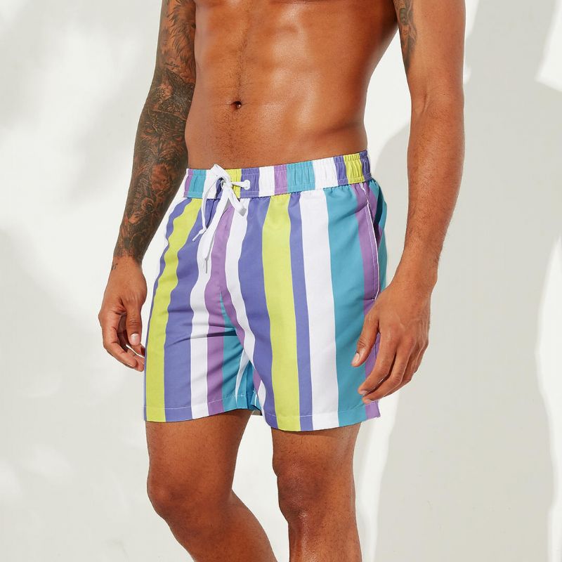 Pantalones Cortos Casuales Hawaianos De Rayas De Playa De Colores Festivos Para Hombre