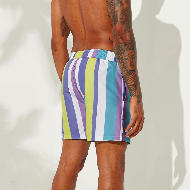 Pantalones Cortos Casuales Hawaianos De Rayas De Playa De Colores Festivos Para Hombre