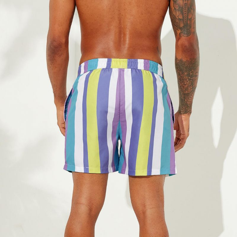 Pantalones Cortos Casuales Hawaianos De Rayas De Playa De Colores Festivos Para Hombre