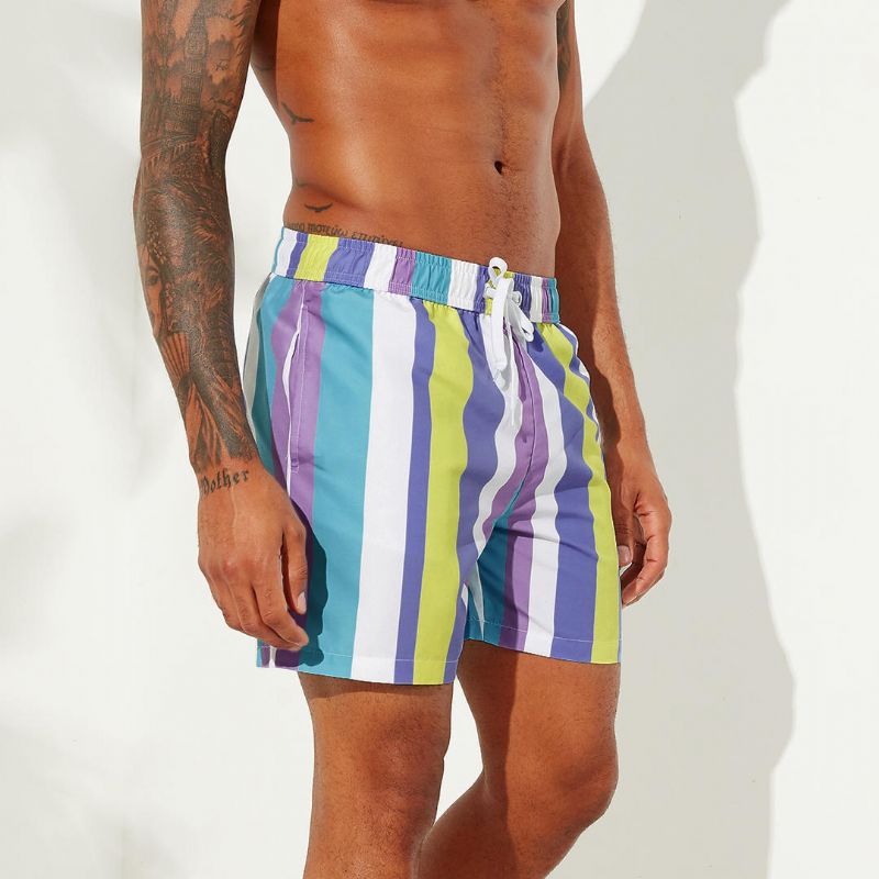 Pantalones Cortos Casuales Hawaianos De Rayas De Playa De Colores Festivos Para Hombre