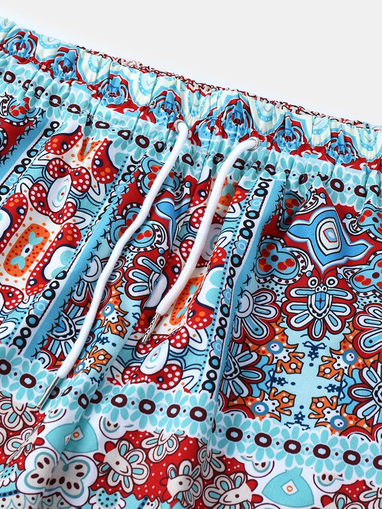 Pantalones Cortos Casuales De Vacaciones Con Cordón Y Estampado De Estilo Étnico Para Hombre Con Bolsillo